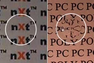 Effect of impact on Bigatmo NXT® lens (left) vs. regular polycarbonate lens (right)