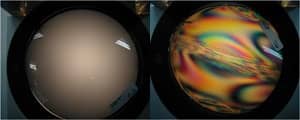 Polariscope images show internal stresses in lenses. Bigatmo NXT/Trivex® lens on the left, regular polycarbonate lens on the right.